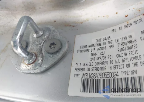 2005 Mazda Mpv Lx z USA, uszkodzony, nr VIN JM3LW28A750550024